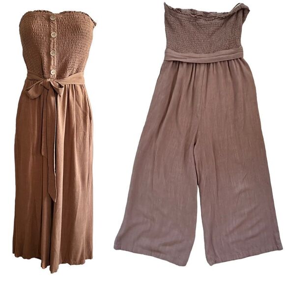 Allie Rose ~ Brown smocked strapless jumper ~ size M ~ cotton/linen blend - Picture 16 of 16